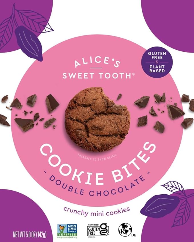 Alice's Sweet Tooth Double Chocolate Cookie Bites - Gluten-Free, Vegan, Crunchy Mini-Cookies