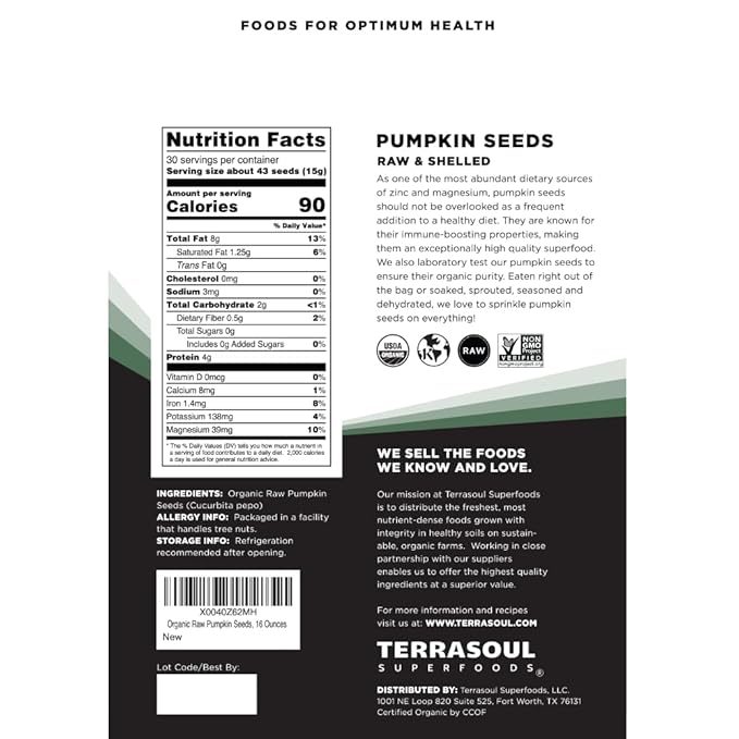 Terrasoul Superfoods Organic Pumpkin Seeds, 16oz - Raw, Unsalted, Superfood for Snacking & Salad