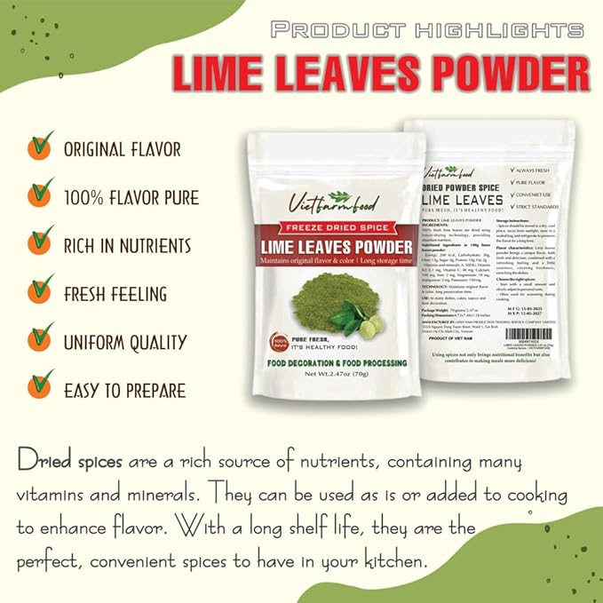LIME LEAVES POWDER 2.47 Oz (70g) VIETFARMFOOD: Pure, natural freeze-dried spice made from real