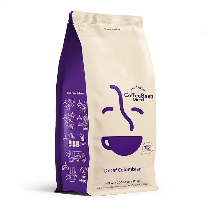 Coffee Bean Direct Decaf Colombian, Whole Bean Coffee, Light Roast, 2.5 Pound Bag (Pack of 1)