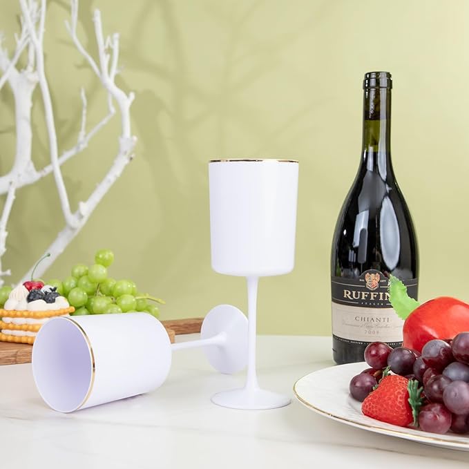 Ciaell 12 Pack White Plastic Wine Glasses with Stem - 10 Oz White and Gold Disposable Wine Glasses