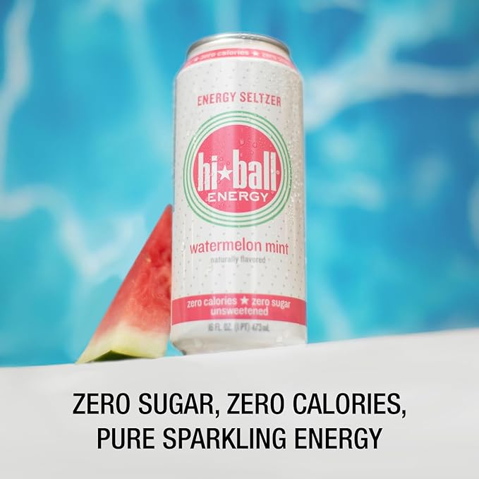 Hiball Clean Energy Drink - Watermelon Mint - Zero Sugar, Zero Calorie Sparkling Water with 160mg