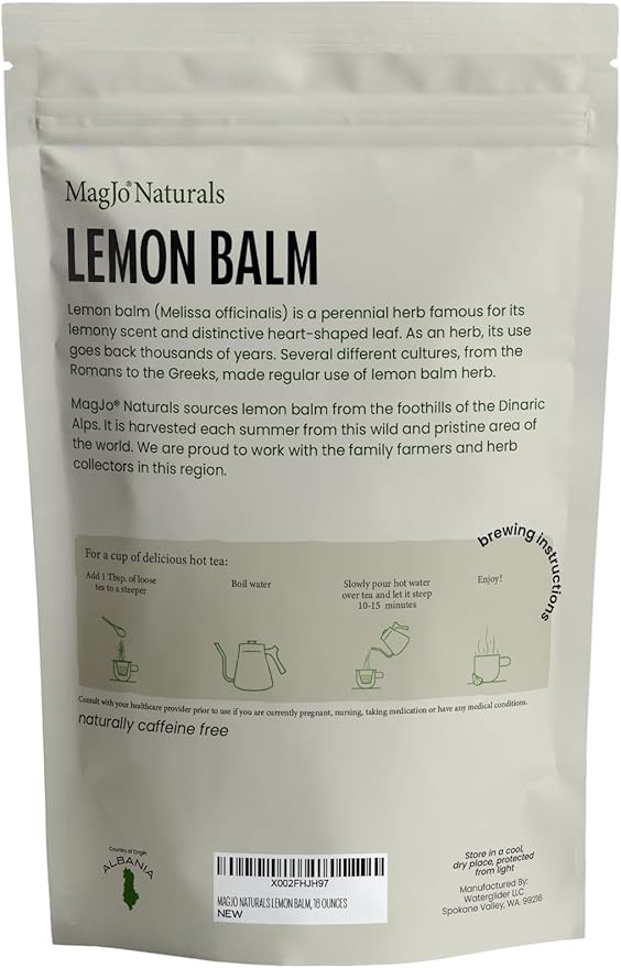 MagJo Naturals Lemon Balm Tea, Bulk Herbal Tea, Loose Leaf Melissa Officinalis, Caffeine Free, Cut