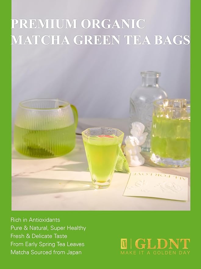 GLDNT Organic Matcha Green Tea Bags, Premium Organic Japanese Matcha + Sencha Green Tea, Rich in