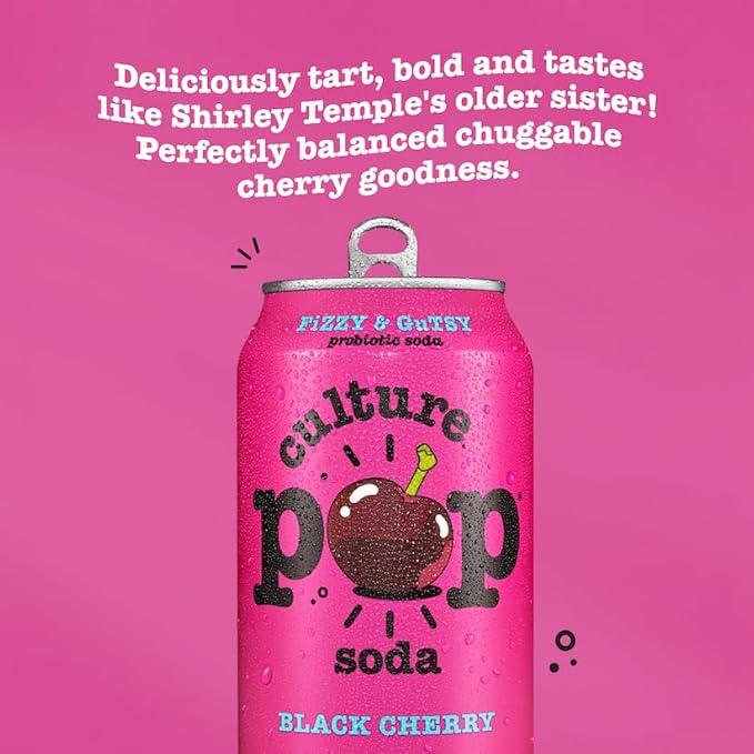 Culture Pop Soda, Black Cherry, Probiotic Low Sugar Soda, Sparkling Juice Alternative, Non-GMO