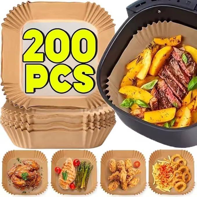 200 Pcs Air Fryer Liners Disposable, 8 Inch (20cm) Square, Thickened Non-Stick Parchment Paper