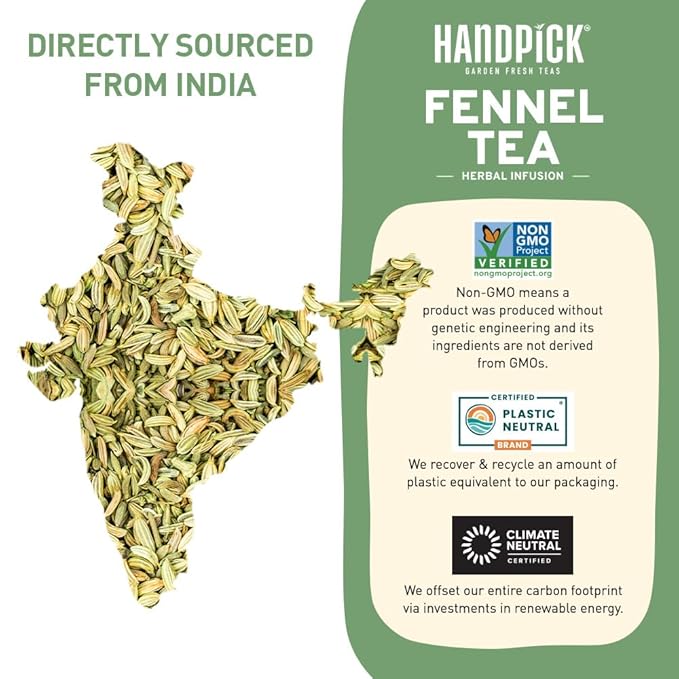 HANDPICK, Fennel Tea Bags (100 Herbal Tea Bags) Caffeine Free, Gluten Free & Non GMO | Round Eco