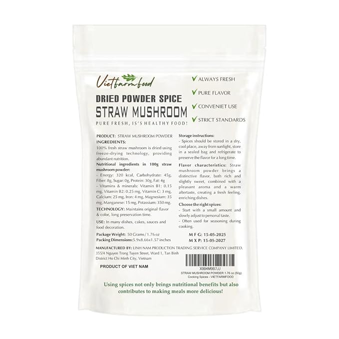 STRAW MUSHROOM POWDER 1.76 Oz (50g) VIETFARMFOOD: Pure, natural freeze-dried spice made from real
