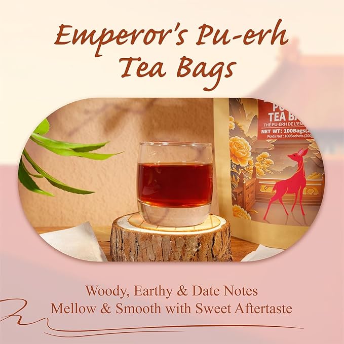 WT WEETEE Emperor's Pu-erh Tea Bags 100 Count, Aged Fermented Yunnan Dark Tea, Mellow & Smooth