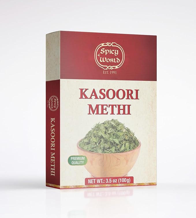 Spicy World Dried Fenugreek Leaves (Kasoori Methi) 3.5oz Box (100g) - All Natural | Vegan | Gluten