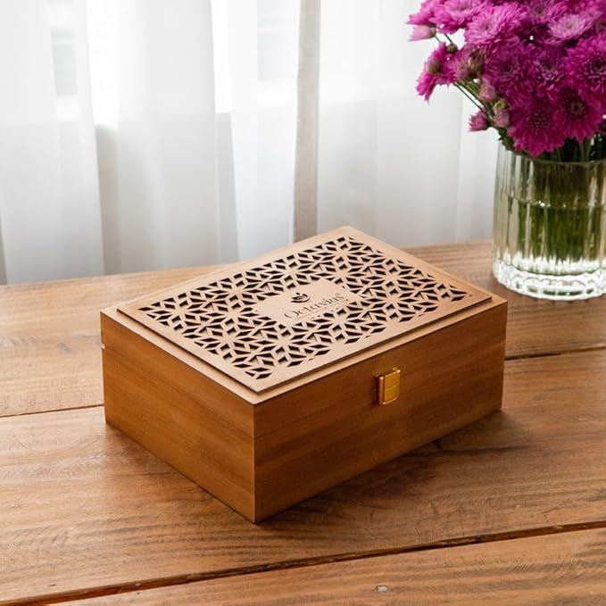Octavius Floral Cutwork Wooden Tea Sampler Box | Tea Variety Pack Sampler | Green & Black Tea