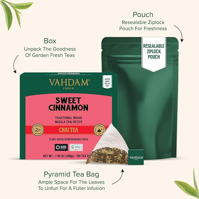 VAHDAM, Sweet Cinnamon Tea | 100 Tea Bags | 100% Natural Spices | Cinnamon Masala Chai Tea Recipe |