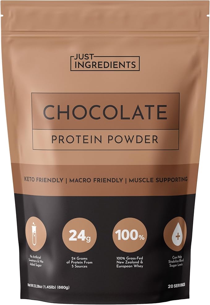 JUST INGREDIENTS Chocolate Protein Powder ??20-Serving Blend with 100% Grass-Fed Whey & Organic