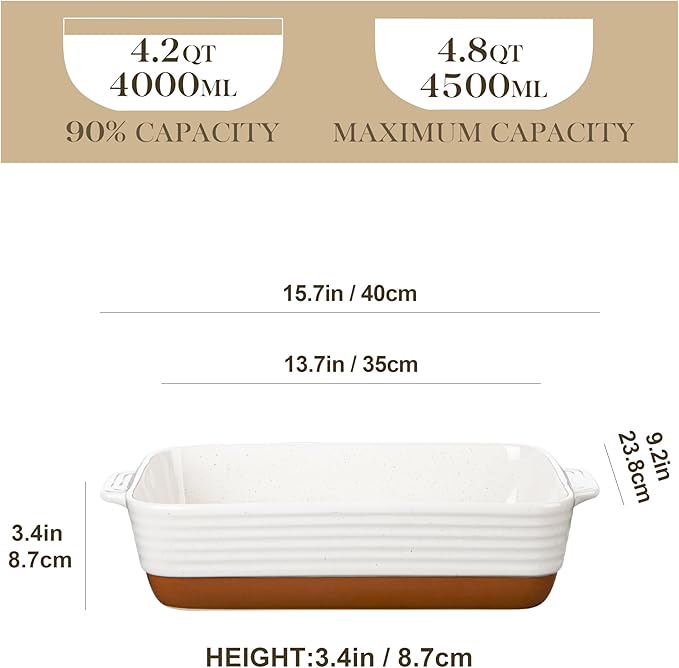 MALACASA Baking Dish 4.8 Qt Ceramic Casserole & Lasagna Pan, 9x13 Inch Deep Rectangular Oven Safe
