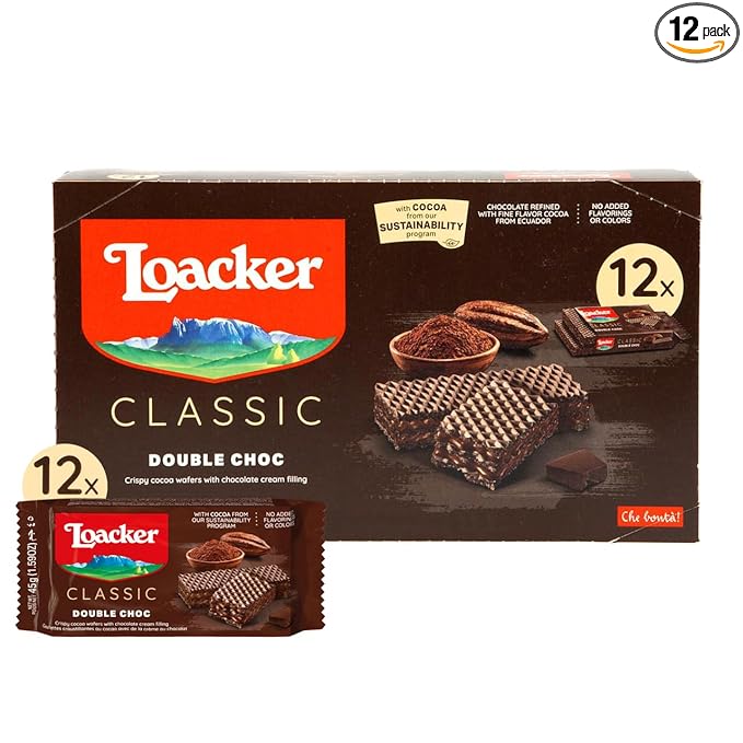 Loacker Classic Double Choc Wafers - Premium Crispy Cocoa Wafer Cookies with Chocolate Cream
