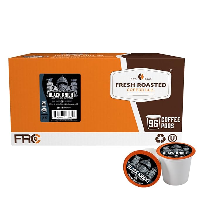 Fresh Roasted Coffee, Organic Black Knight | USDA Organic, Kosher | Dark Roast 96 Pods for K Cup