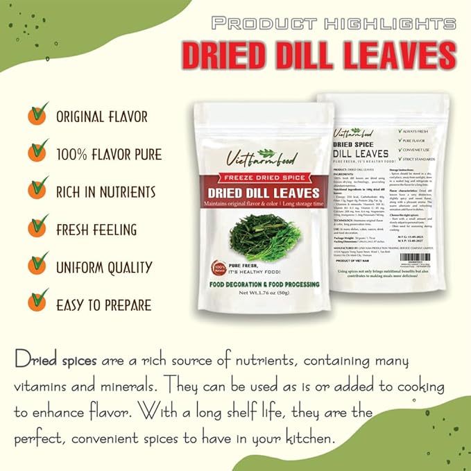 DRIED DILL LEAVES 1.76 Oz (50g) VIETFARMFOOD: Pure, natural freeze-dried spice made from real