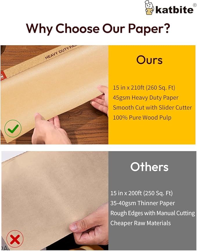 Katbite Unbleached Parchment Paper for Baking, 15 in x 210 ft, 260 Sq.Ft, Heavy Duty Baking Paper