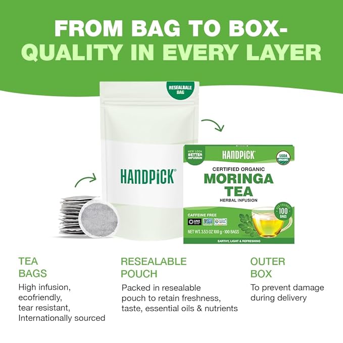 HANDPICK, Organic Moringa Tea Bags (100 Count), Pure Moringa Leaves | Authentic Indian Origin |
