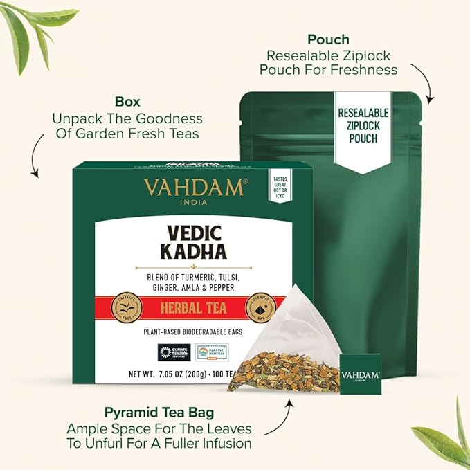 VAHDAM, Vedic Kadha Herbal Tea Bags (100 Ct) Caffeine Free, 100% Real Ingredients - Turmeric, Black