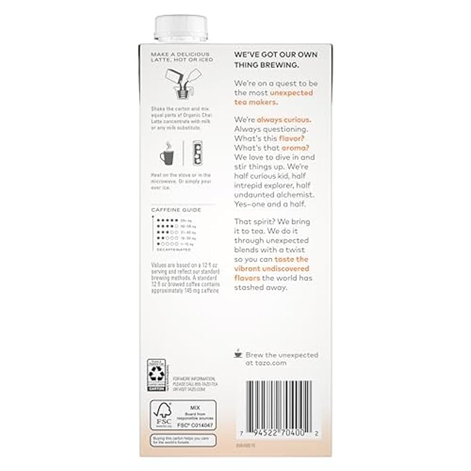 TAZO Organic Chai Latte Concentrate, Hot or Iced Black Tea, Easy-to-Serve, Everyday Lattes and