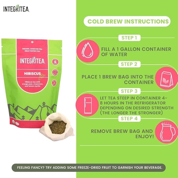 IntegriTEA Organic Hibiscus Tea Bags for Hibiscus Iced Tea - 6-Bag Unsweetened Iced Tea Pack for 6