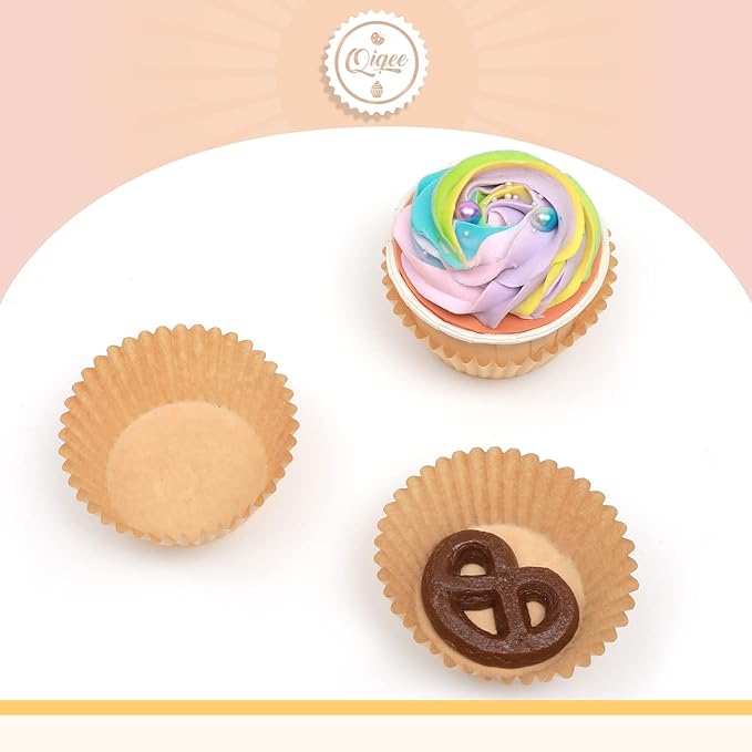 qiqee 600 Count Mini Cupcake Liners Natural Muffin Liners Food Grade Brown Baking Cups Paper No