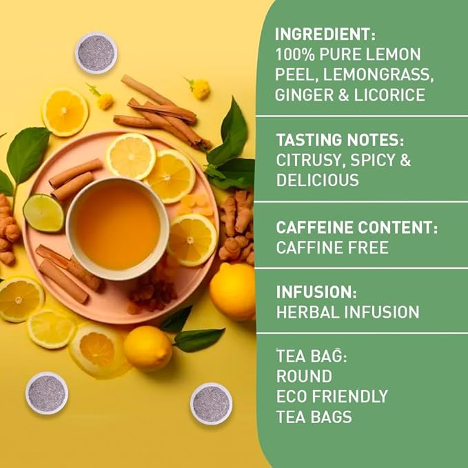 HANDPICK, Lemon Ginger Herbal Tea - 100 Pyramid Tea Bags | 100% Natural Ingredients, Tasty &