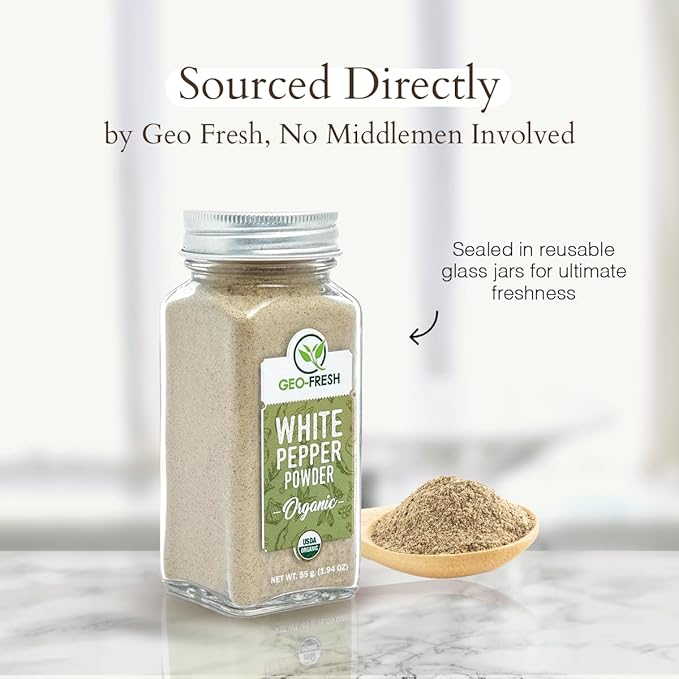 Geo-Fresh Organic White Pepper Ground ??1.94 oz Glass Jar ??White Pepper Powder ??USDA Certified