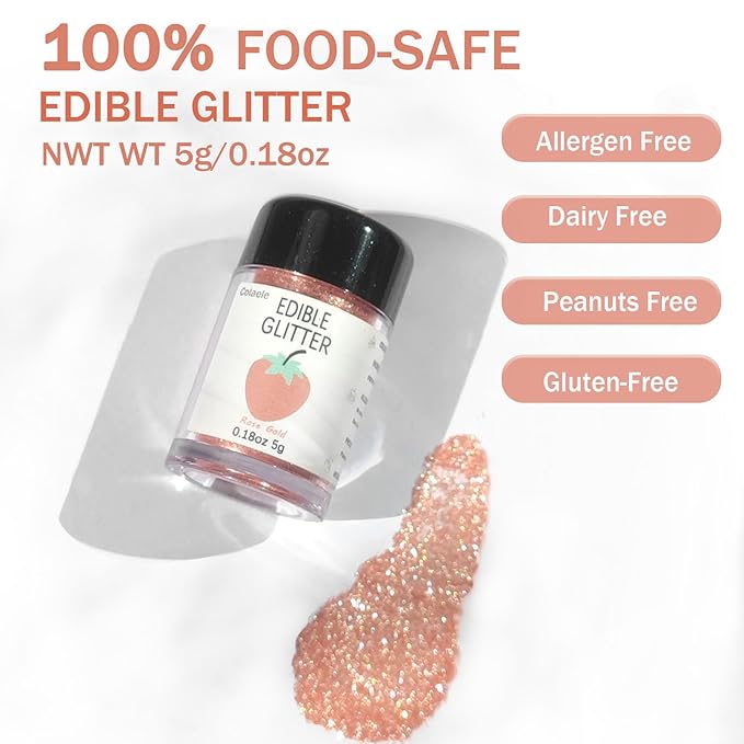 Rose Gold Edible Glitter for Cakes Drinks - Colaele 5 grams Food Grade Luster Dust Glimmer Powder