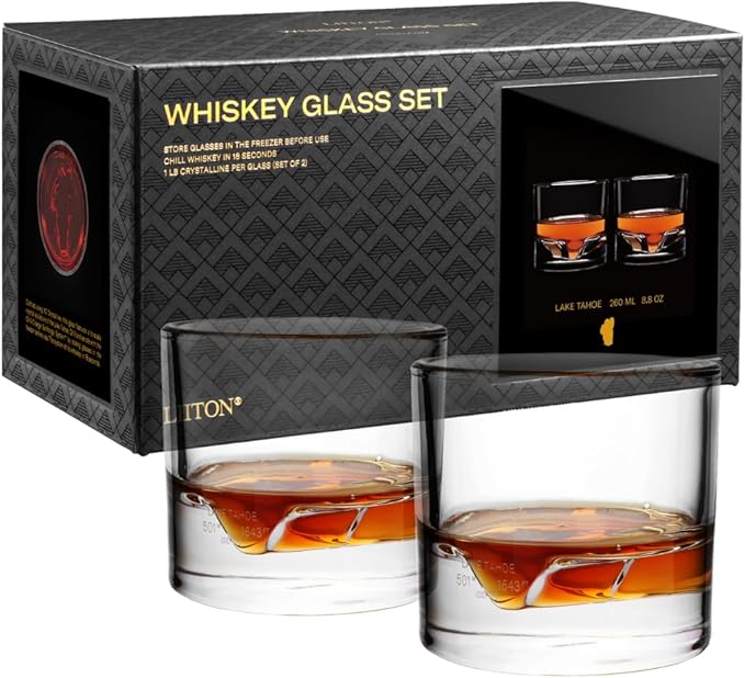 Lake Tahoe Heavy Crystal Whiskey Glasses Gift Set of 2, Thick Freezable Bourbon Glass 1lb Each
