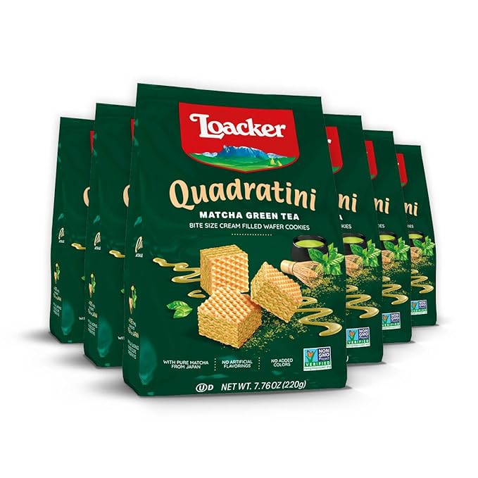 Loacker Quadratini Matcha Wafer Cookies LARGE - 30% Less Sugar - Premium Crispy Bite Size Wafers