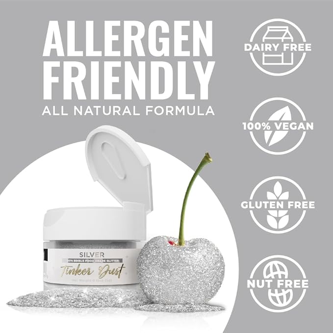 Bakell - Silver Tinker Dust (5g, 1x Jar) Edible Glitter for Food, Desserts, and Beverages!