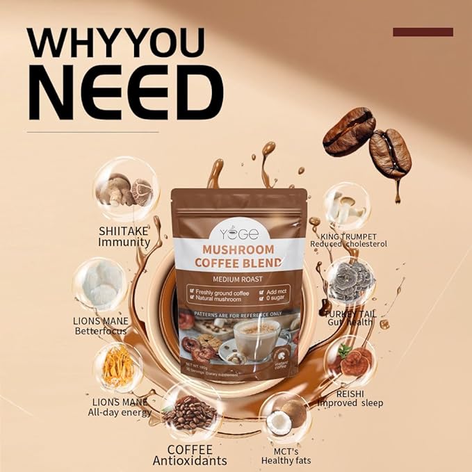 Mushroom Coffee, Organic 6 Mushrooms with Cordyceps, Reish, King Trumpet, Shitake, Turkey Tail