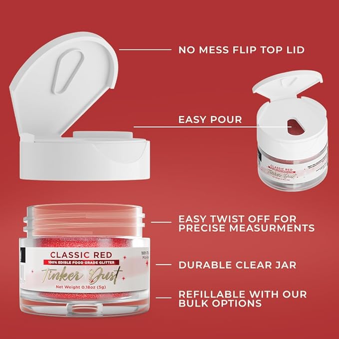 Bakell - Classic Red Tinker Dust (5g, 1x Jar) Edible Glitter for Food, Desserts, and Beverages!