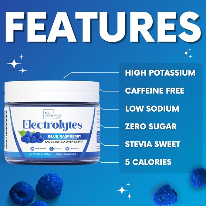 Zero Sugar - Blue Raspberry Electrolytes Powder - Refreshing Hydration - Caffeine Free Energy - All