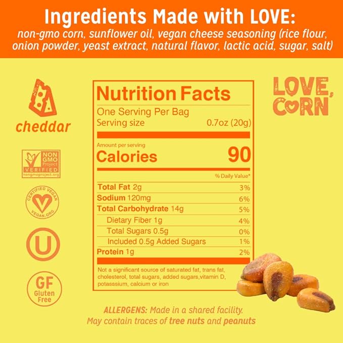 LOVE CORN Cheddar 0.7oz x 20 bags - Delicious Crunchy Corn - Healthy Family Snacks - Gluten Free