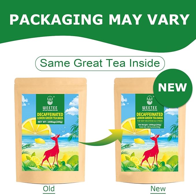 WT WEETEE Decaf Green Tea with Lemon Flavor, Decaffeinated Lemon Green Tea Bags 100 Count
