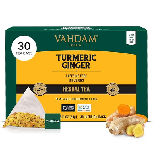 VAHDAM, Turmeric Ginger Herbal Tea Bags (30 Pyramid Tea Bags) Caffeine Free, Non GMO, Gluten Free |