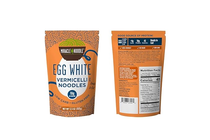 Miracle Noodle Egg White Vermicelli Pasta, 3.5 Oz (Pack of 6), Ready to Eat Egg White Noodles, 10g