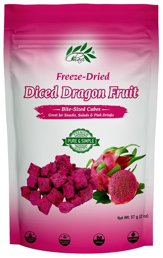 CHAVI Freeze-Dried Diced Dragon Fruit Snack - 2 Oz - Healthy 1 Ingredient Superfood - No Added