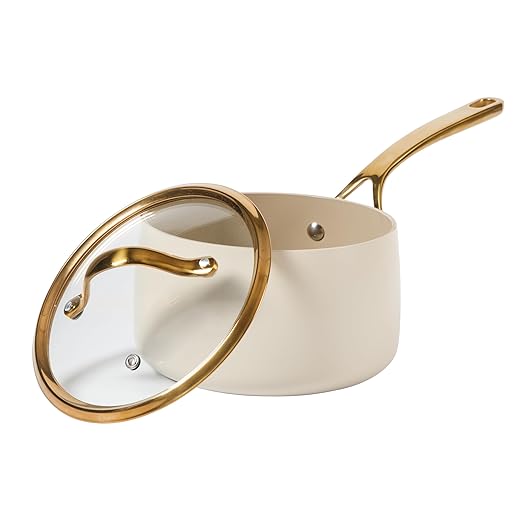 bloomhouse 3 Quart Heavy Duty Aluminum Premium PFA Free Ceramic Nonstick Saucepan with Lid - Almond