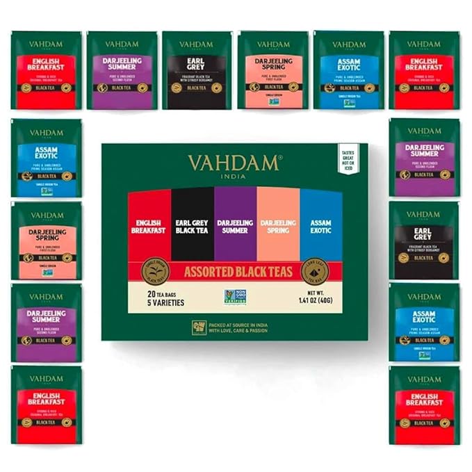 VAHDAM, Assorted Black Tea Bags Sampler (5 Flavors, 20 Ecofriendly Pyramid Tea bags) I Gift Ideas