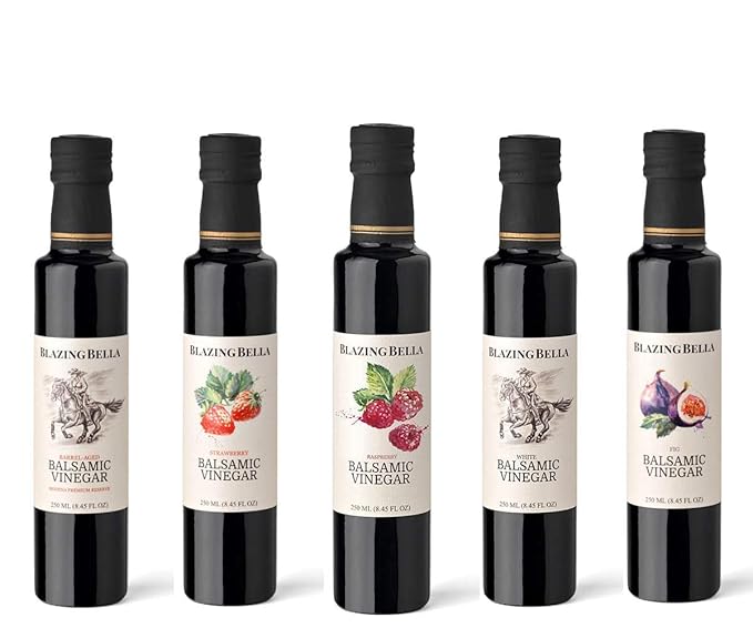 Blazing Bella Balsamic Vinegar Five 250 ML Bottle Variety Set - Barrel Aged, Strawberry, Raspberry