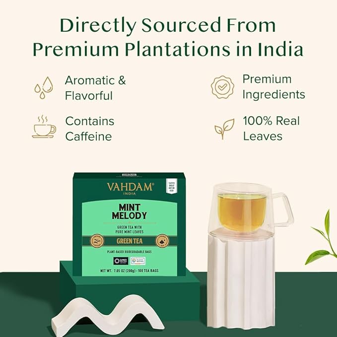 VAHDAM, Mint Green Tea Bags (100 Count) 100% Pure Leaf Tea, High Grown, Low Caffeine, Non GMO