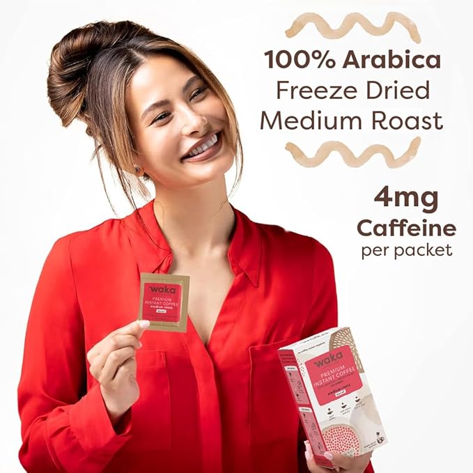 Waka Premium Decaf Instant Coffee Sachets — 100% Arabica Freeze Dried Beans — For Hot or Iced