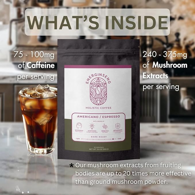 Energinseng Mushroom Coffee - Artisanal Instant Americano Espresso with Nootropics, Adaptogens