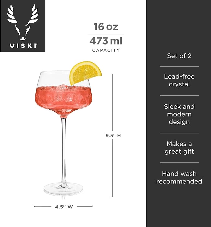 Viski Angled Stemmed Cocktail Glasses for Aperol Spritz, Campari Spritz, Tonic, Classic Cocktails