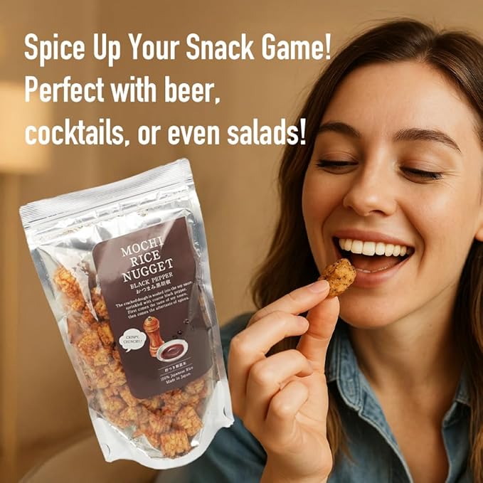 Mochi Rice Nuggets ??Black Pepper Soy Flavor, Spicy Japanese Rice Crackers, 140g (4.9oz) NON-GMO