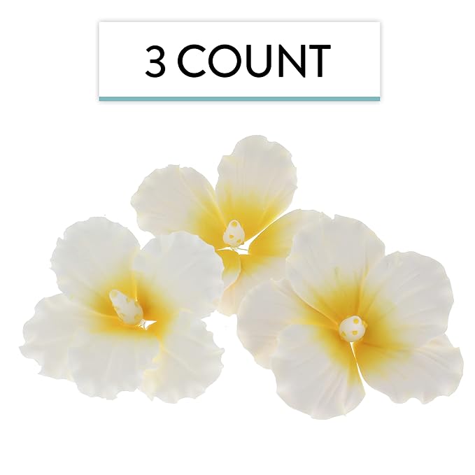 Global Sugar Art Hibiscus Sugar Cake Flowers, White with Yellow, Hawaiian Cake Flower Large 3 Count
